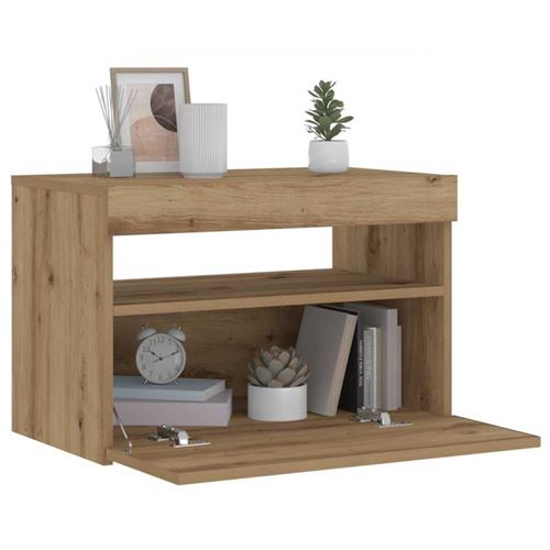 Non Communiqué Chêne Table De Chevet Avec Lumières Led Artisanal 60X35x40 Cm