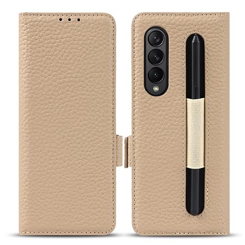 Etui en cuir véritable fermoir magnétique texture litchi avec porte-stylo gris clair pour votre Samsung Galaxy Z Fold3 5G