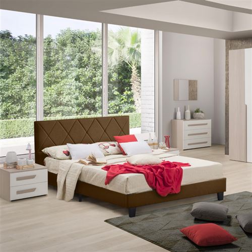 Lit double pour 2 personnes avec sommier Ã  lattes en tissu 160x190cm Nyon, Couleur: Beige