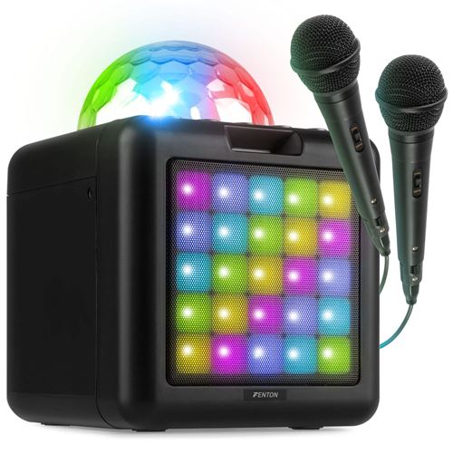 Fenton KAR15B Enceinte Karaoké Enfant Bluetooth sur Batterie avec 2 Micros - Noir, Boule Disco & Façade LED
