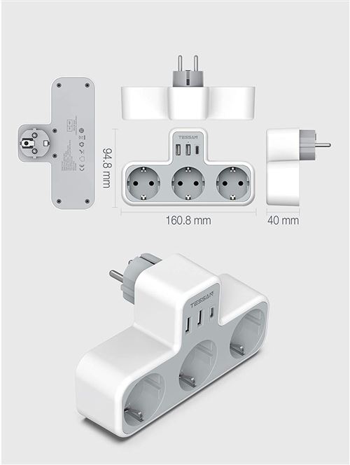 Prises, multiprises et accessoires électriques Tessan Multiprise Murale  Cube 3 Prises avec 3 USB Secteur,avec Interrupteur,Noir