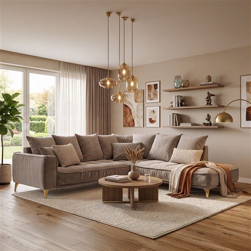 Canap&eacute; Velours Angle Droit Beige Altamo - 4 Places - Beige