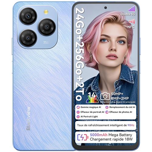 Téléphone Portable 5G Blackview Shark 9 Écran 6.67 NFC (8+16)Go RAM 256Go ROM Android 14 50MP 5000mAh Dual SIM - Bleu