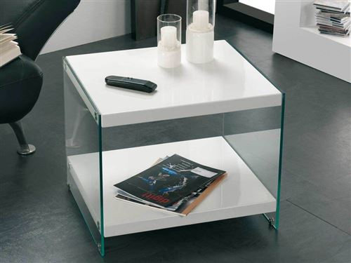 Table d'appoint rectangulaire laqué blanc piètement verre - L55xl48 ANTIC