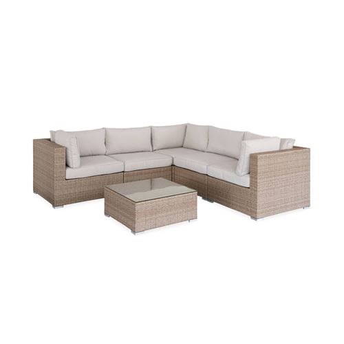 Salon de jardin en résine tressée - Napoli - Beige Coussins Beige - 5 places - 2 fauteuils sans accoudoir 3 fauteuils d'angle une table basse