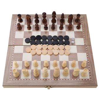 3-en-1 Jeu de Dames d'échecs en Bois Portable Pliant Enfant Adulte Echecs Dames Backgammo - 1