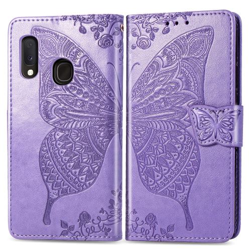 Etui en PU fleur de papillon violet clair pour votre Samsung Galaxy A20e