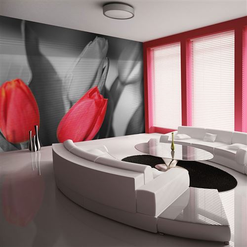 Papier peint Tulipes rouges sur fond noir et blanc-Taille L 300 x H 231 cm