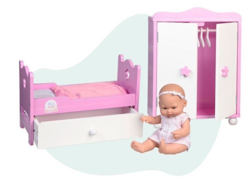Falca poupée avec lit en bois et armoire 28 cm rose