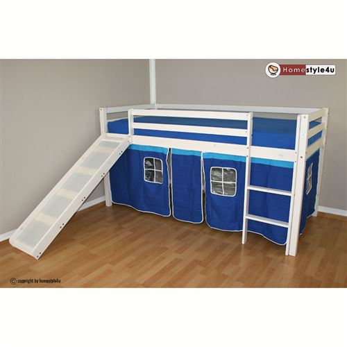 Lit Simple Blanc 90x200 en hauteur avec echelle et rideau bleu et toboggan