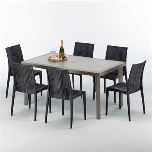 Grand Soleil - Table rectangulaire et 6 chaises Poly rotin resine ensemble bar cafè exterieur 150x90 Beige Marion, Chaises Modèle: Bistrot Anthracite 