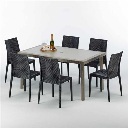Table rectangulaire et 6 chaises Poly rotin resine ensemble bar cafè exterieur 150x90 Beige Marion, Chaises Modèle: Bistrot Anthracite noir