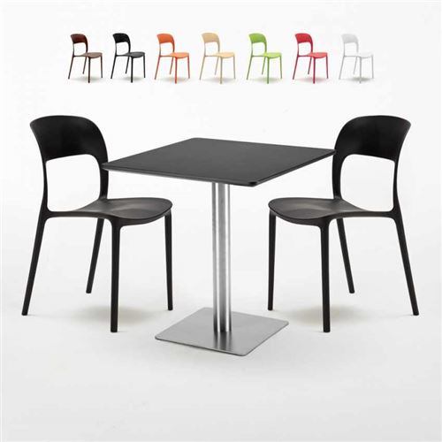 Table carrée noire 70x70 avec 2 chaises colorées Restaurant Rum Raisin, Couleur: Noir