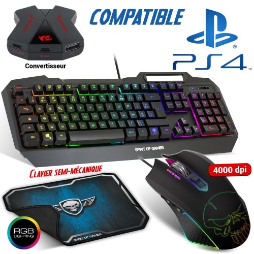 Pack Power gaming clavier semi-mécanique, souris, tapis compatible console PS4 - RGB - Rétro éclairé