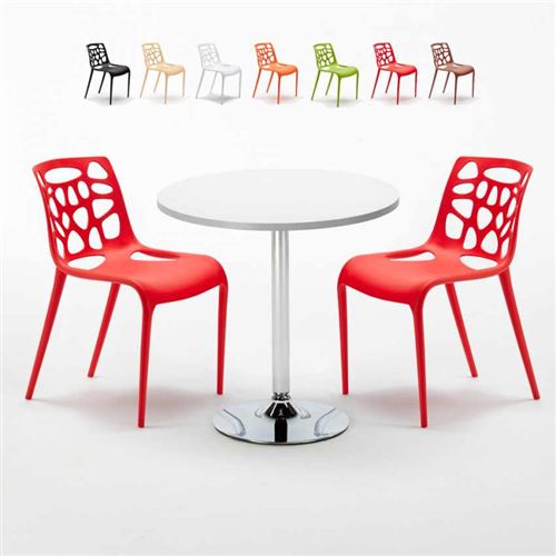 Table Ronde Blanche 70x70cm Avec 2 Chaises Colorées Set Intérieur Bar Café Gelateria LONG Island, Couleur: Rouge