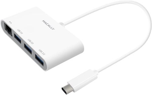 Macally UCHUB3GB, Hub USB-C de 3 Ports + Gigabit Ethernet, câble DE 10 cm, Blanc
