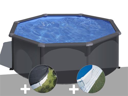 Kit piscine acier gris anthracite Gré Louko ronde 3,20 x 1,22 m + Bâche d'hivernage + Tapis de sol