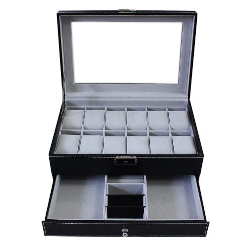 Todeco - Sieradenhorlogebox, Horloge sieraden vitrine, 12 horloges, sieraden lade en display, Grijs, Grootte: 30 x 20 x 14 cm