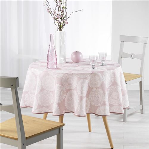 Nappe ronde (0) 180 cm fils coupes imprime anais Rose