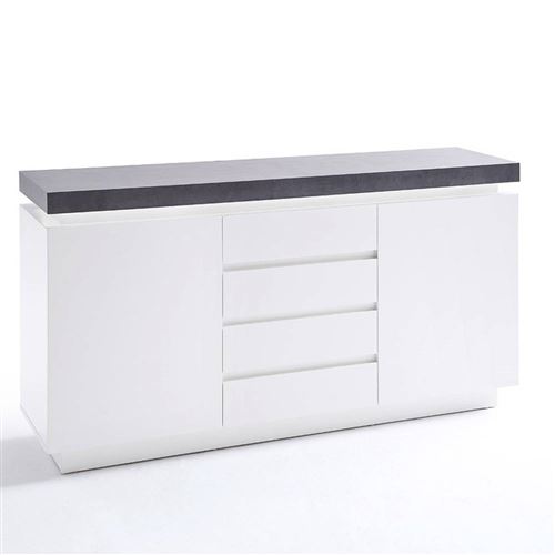 Buffet ATLANTIS laqué blanc mat et béton 2 portes 4 tiroirs LED blanc inclus