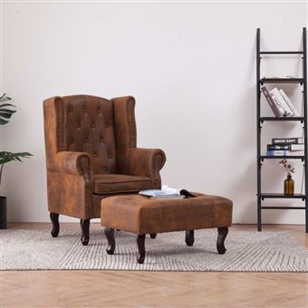 Fauteuil Chesterfield et repose pieds Marron Similicuir daim - 1