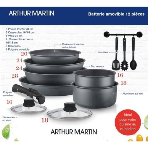 Batterie de cuisine 20 pieces Arthur Martin - aluminium - poignée amovible  - tous feux dont induction