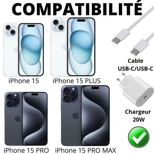 Chargeur complet pour iPhone 15 Pro Max - Câble de 2m et chargeur