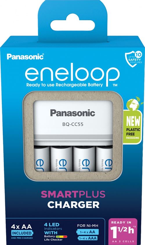 Panasonic Chargeur De Piles Rondes Nimh Avec Accus Smart & Quick Bq-Cc55 +4X Eneloop Aa - Image 2