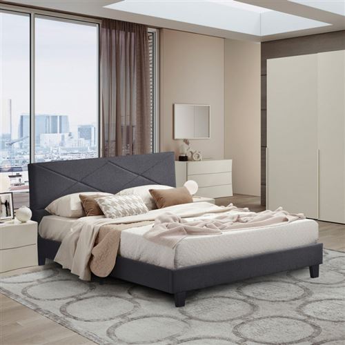 Lit double 2 personnes en tissu avec sommier Ã  lattes 160x190cm Vevey, Couleur: Gris foncÃ©