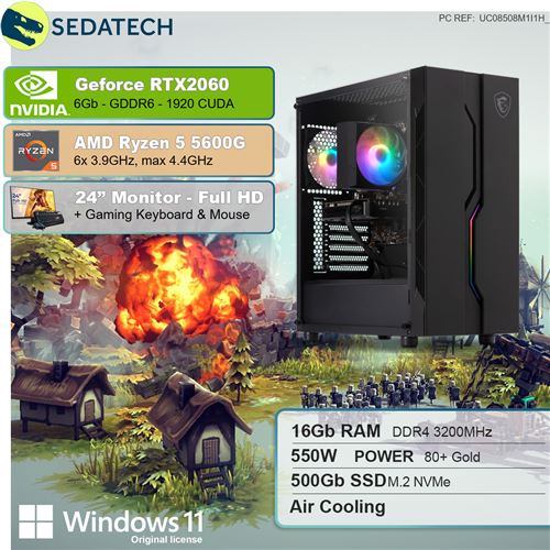 280€ sur Sedatech Pack PC Gamer Expert • AMD Ryzen 5 5600G • Geforce RTX2060  • 16Go RAM • 500Go SSD M.2 • Wifi • Windows 11 • Unité centrale • Moniteur  24 - Ensemble PC avec écran - Achat & prix