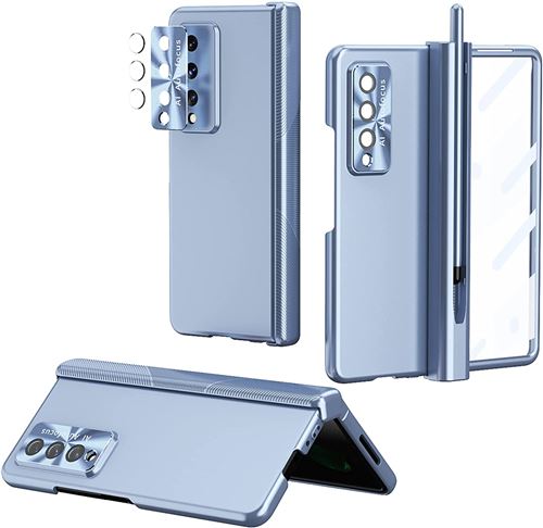 Coque Compatible Samsung Galaxy Z Fold 3 FONGWAN avec Protecteur D'écran et Porte-Stylo et Stylet Capacitif - Bleu