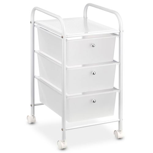 Caisson sur roulettes GINA, en m&eacute;tal laqu&eacute; blanc avec 3 tiroirs en plastique blanc