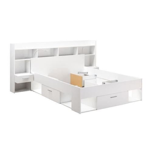 DEMEYERE CHICAGO Ensemble lit adulte 140 x 190/200 cm + Rangement avec Liseuse LED - Décor blanc mat