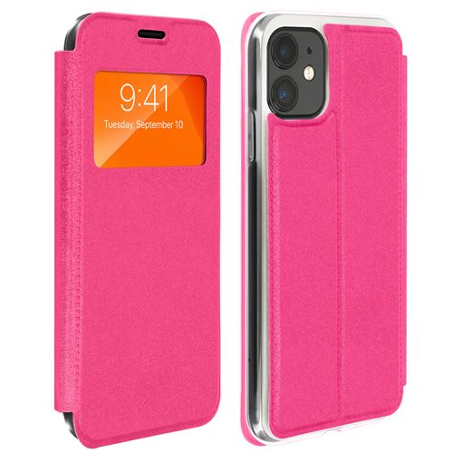Housse pour iPhone 11 Fenêtre d'affichage Porte-carte Support Vidéo rose