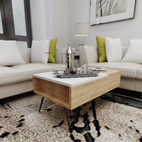HOMEMANIA Table Basse Mixa Relevable Porte-Revues, Livres, PC - avec Étagères - pour Salon - Chêne, Blanc en Bois, 80 x 50 x 38,6 cm