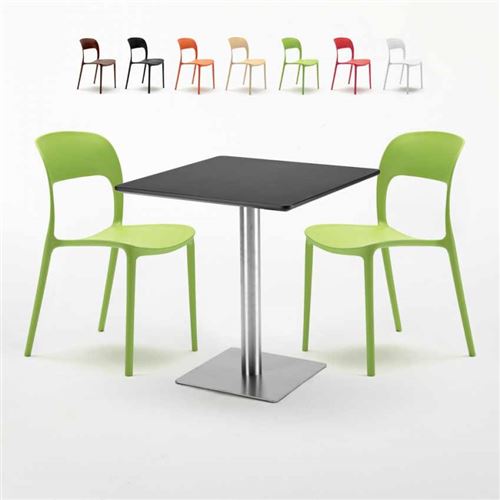 Table carrée noire 70x70 avec 2 chaises colorées Restaurant Rum Raisin, Couleur: Vert