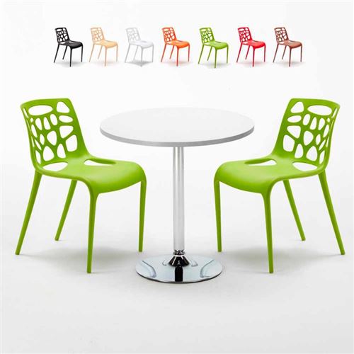 Table Ronde Blanche 70x70cm Avec 2 Chaises Colorées Set Intérieur Bar Café Gelateria LONG Island, Couleur: Vert