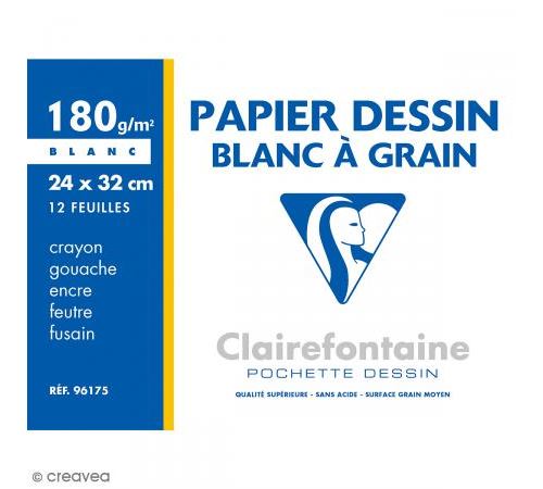 Pochette dessin à grain Clairefontaine 24x32 cm 12 Feuilles 180g Blanc