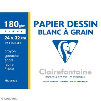 Pochette dessin à grain Clairefontaine 24x32 cm 12 Feuilles 180g Blanc