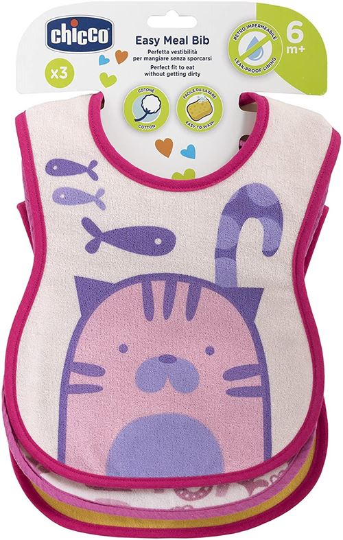 Chicco bavoir filles 35,5 cm coton rose/blanc/jaune 3 pièces