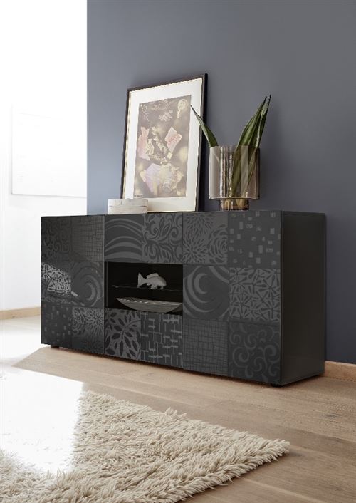 SUBLEEM Buffet 2 portes 2 tiroirs Serle gris laqué brillant