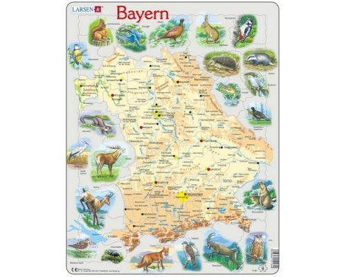 Puzzle 60 Pièces : Puzzle Cadre - Carte de la Bavière et ses Animaux (en Allemand), Larsen