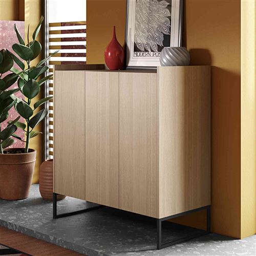 Commode 3 portes en bois et métal imitation chêne clair - CO0026
