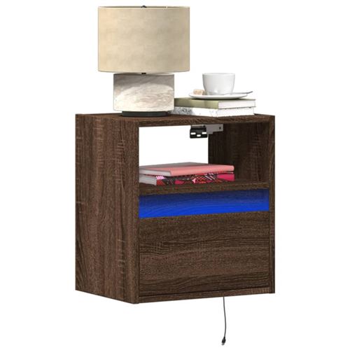 Vidaxl Marron Table De Chevet Murale Avec Lumières Led Chêne - Image 2