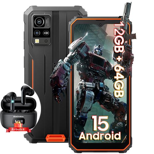 Blackview BV4800 SE Smartphone Incassable 6.56,5100mAh,12Go+64Go,Android 15 Dual SIM Orange avec Blackview Airbuds 8