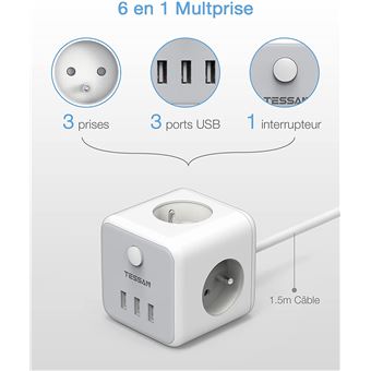 Cube multiprise avec USB, 3 prises multiprises (2400 W/10 A), 3 prises avec  interrupteur, multiprise triple sans câble avec 3 ports USB (5 V/3,1 A)  pour bureau, maison : : Mode