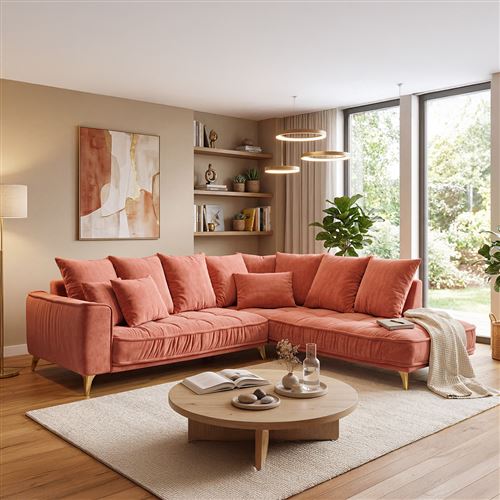 Canap&eacute; Velours Angle Droit Rose Altamo - 4 Places - Rose