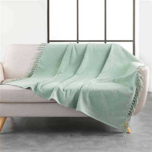 Plaid a franges 125 x 150 cm coton tisse zamina Vert