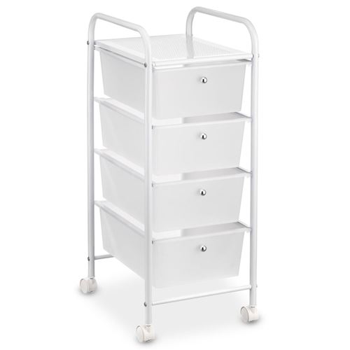 Caisson sur roulettes GINA, en m&eacute;tal laqu&eacute; blanc avec 4 tiroirs en plastique blanc