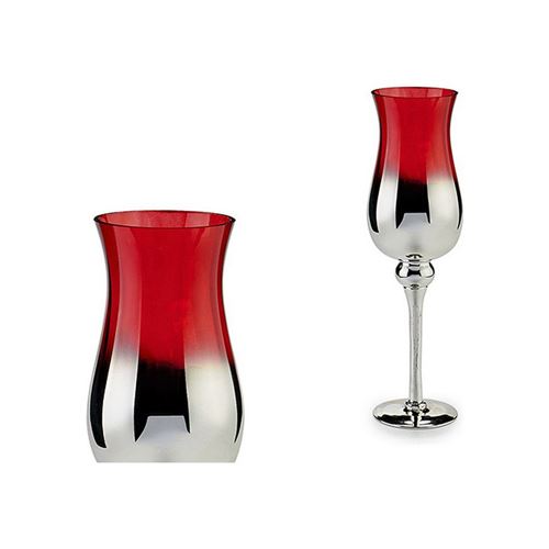 bougeoir rouge verre argent (14 x 45 x 14 cm)